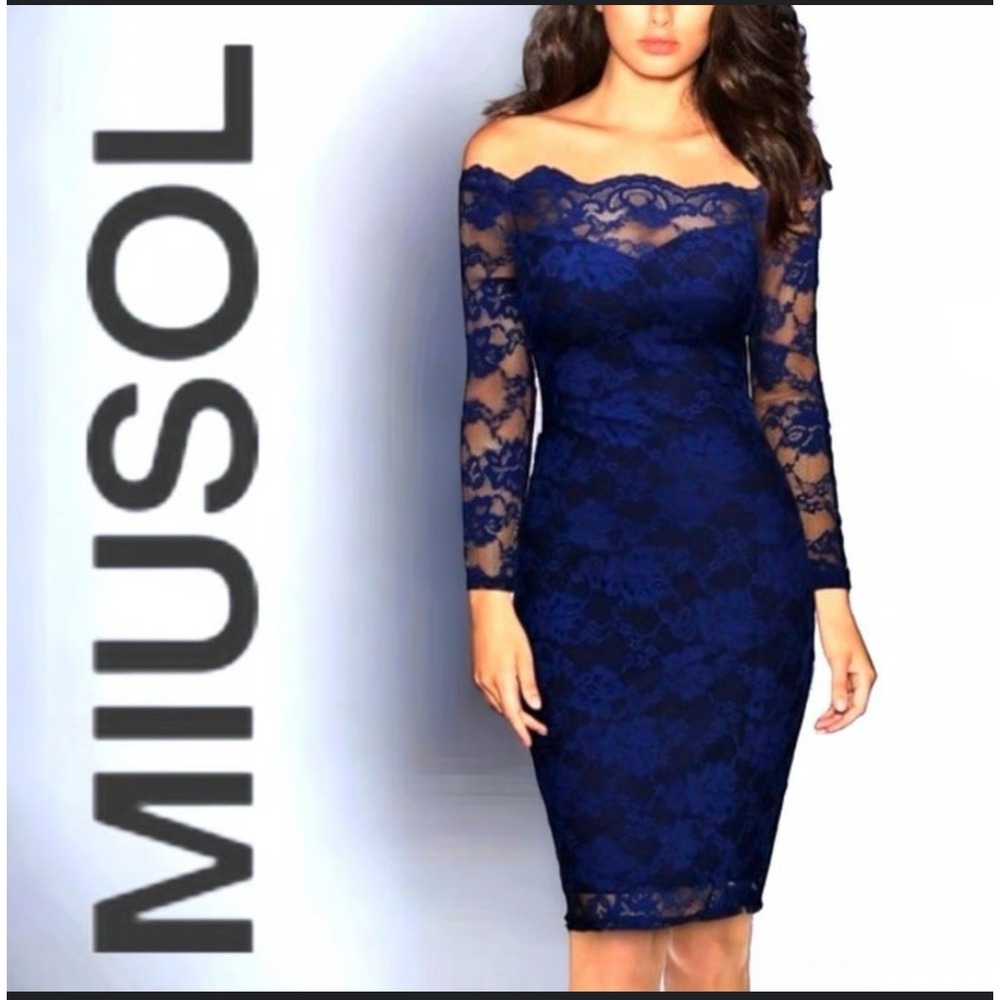 Miusol Women's Blue Off Shoulder Flare Lace Slim Cocktail Pencil Dress Size M
